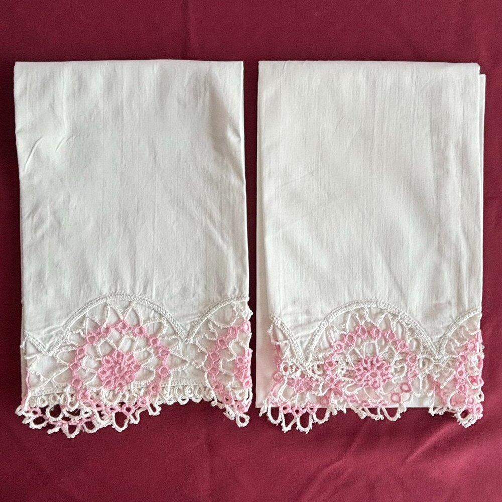 2 White Cotton with Pink Crochet Edge Pillowcases